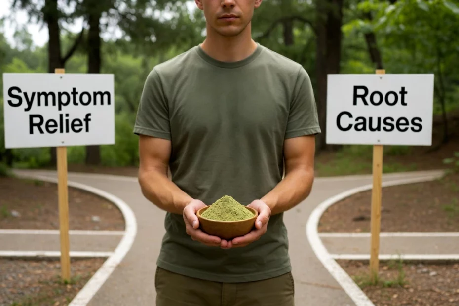 Man holding bowl of kratom powder at forest path fork with signs illustrating if kratom masking underlying problems