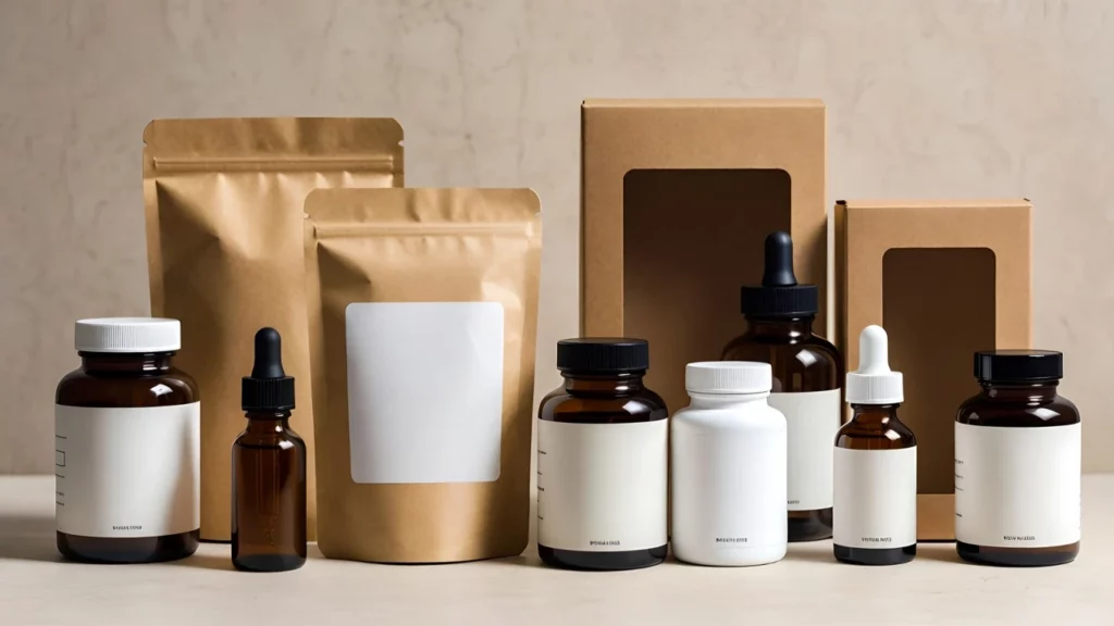 Assortment of empty supplement bottles such as amber glass, kraft and tincture bottles in a row on a neutral beige surface