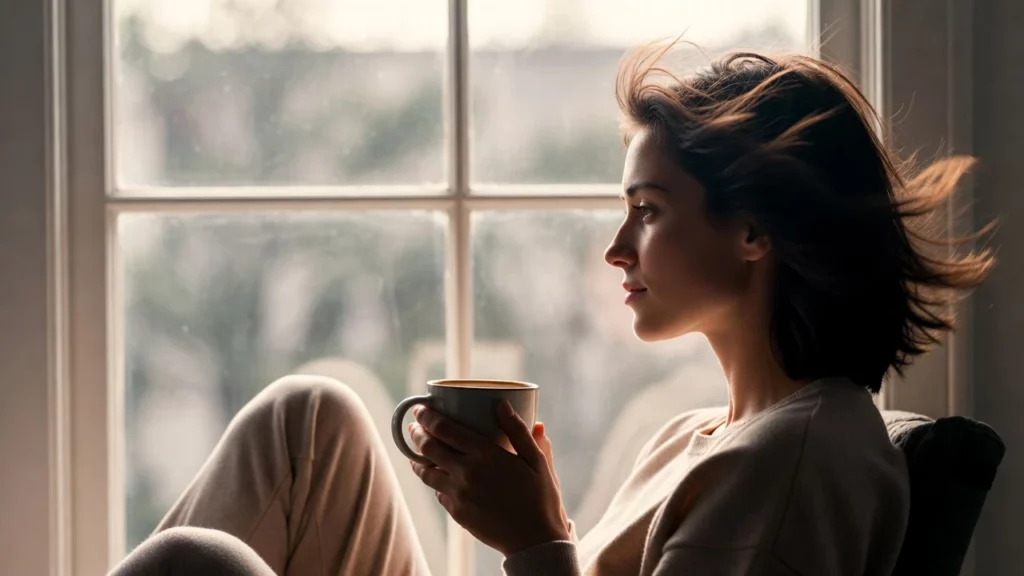 Young woman holding a steaming mug of tea while gazing out a rain-streaked window