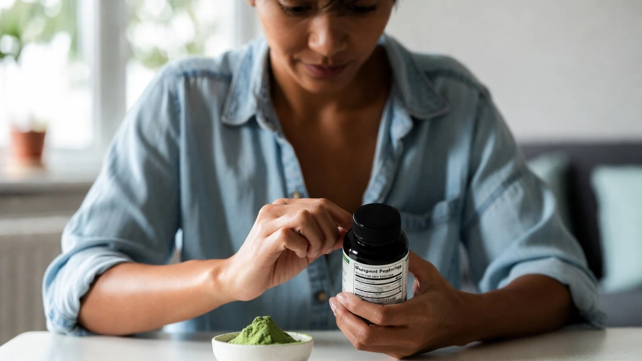 A woman reading a supplement label next to bowl of green powder, highlighting kratom and serotonin syndrome awareness