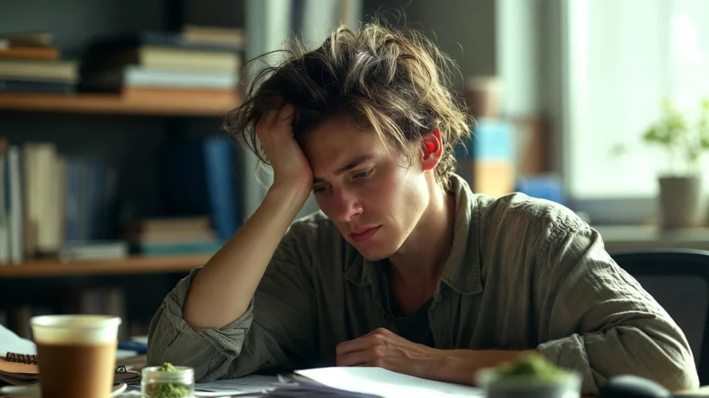 Young man resting head on hand, looking exhausted at cluttered desk with kratom and coffee