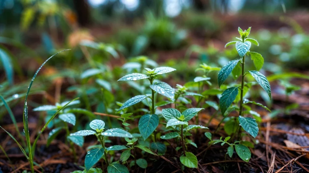 Young seedlings with fresh morning dew on leaves growing in forest floor mulch