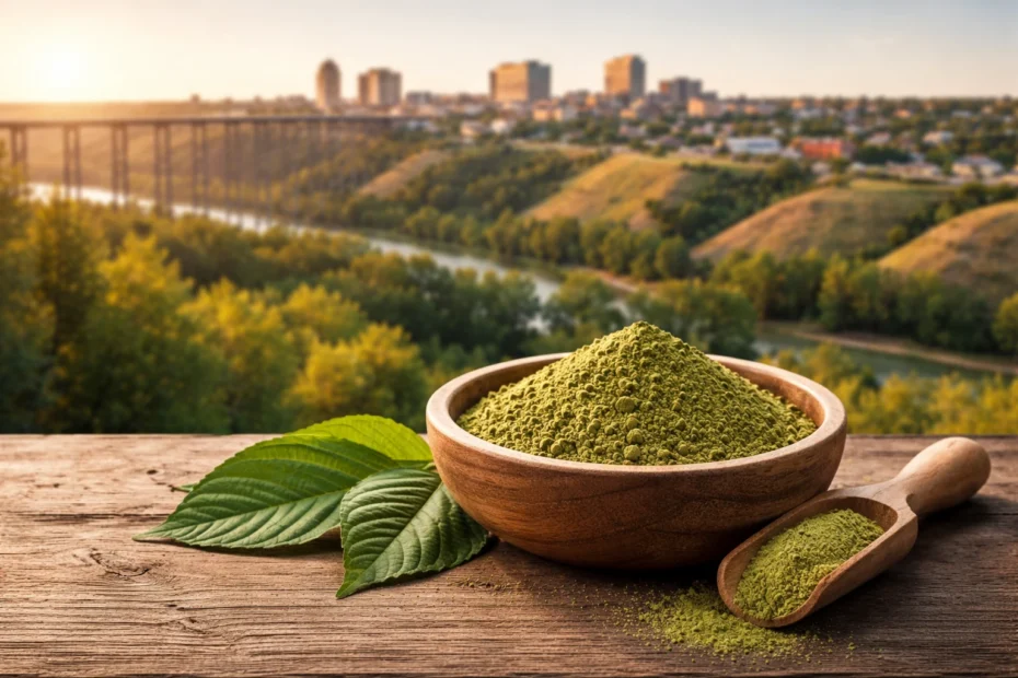 Kratom in Lethbridge with a bowl of kratom powder overlooking the High Level Bridge spanning the Oldman River valley