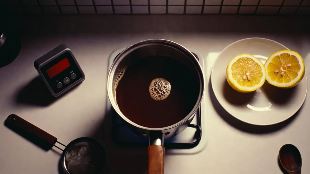 Stainless steel pot of kratom tea on single burner stove, with important accessories nearby like lemon, digital thermometer and strainer