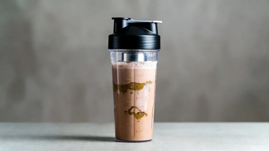 Black shaker bottle filled with frothy chocolate-coloured kratom milk mixture showing powder residue on inner walls