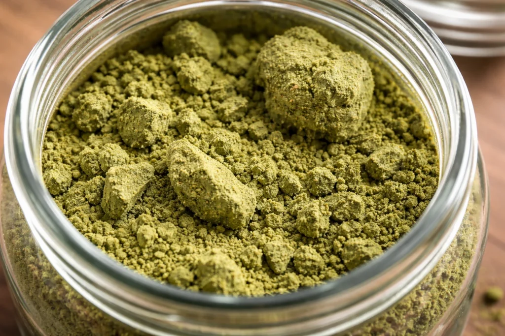 Open glass jar filled with clumpy green kratom powder, showing irregular moist-looking clumps amid fine particles