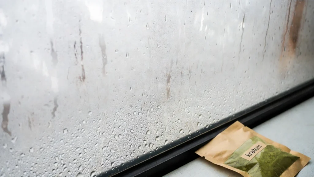 Condensation droplets cover a foggy windowpane beside a sealed kraft paper pouch labelled "kratom"