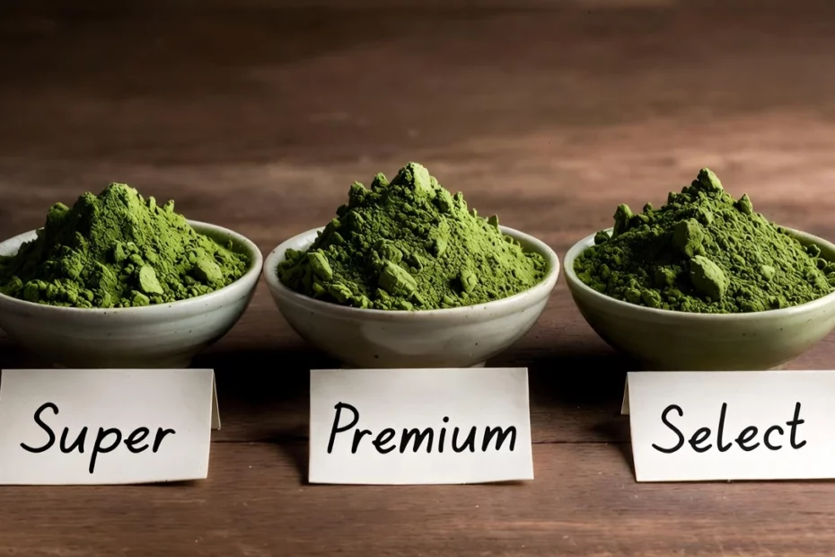 Three small ceramic bowls displaying different kratom leaf grades: Super, Premium, and Select powders on a wooden surface