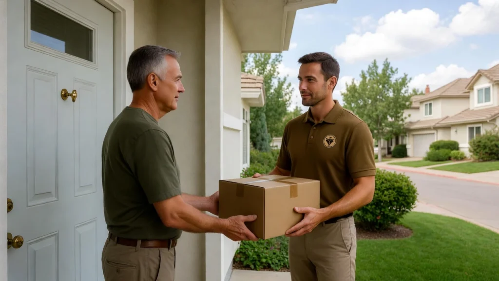 A person receiving a package from a courier outside his front doorstep in a suburban neighbourhood