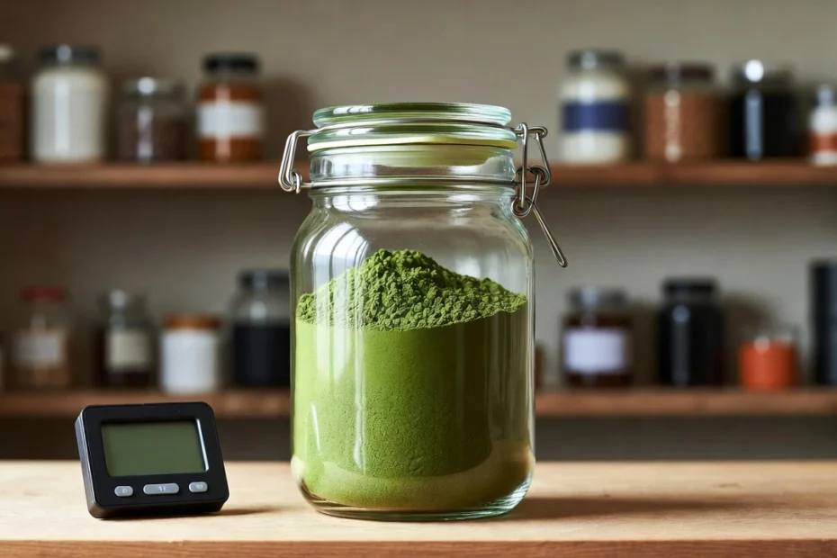 Stored kratom powder in a glass jar next to a small black digital hygrometer on a wooden shelf