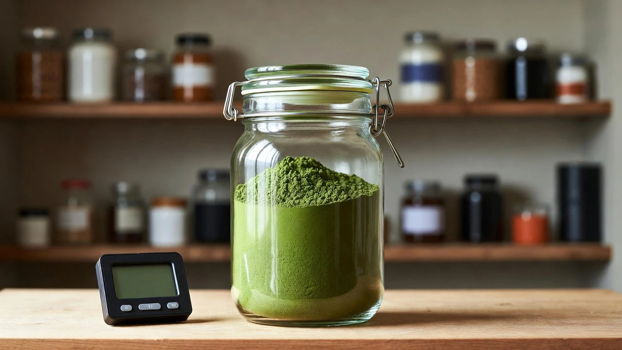 Stored kratom powder in a glass jar next to a small black digital hygrometer on a wooden shelf