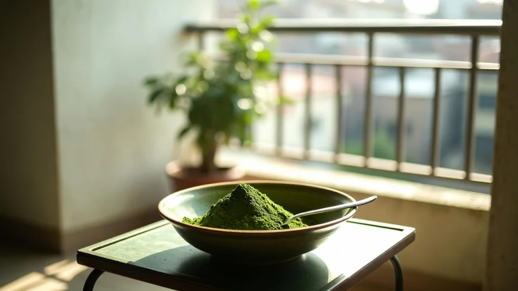 Green kratom powder in a ceramic bowl with a metal spoon resting inside, set on a small outdoor table against a sunlit balcony railing