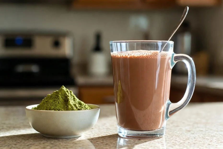 A small bowl of kratom powder beside a glass of chocolate milk and a spoon in the kitchen, highlighting kratom and chocolate milk