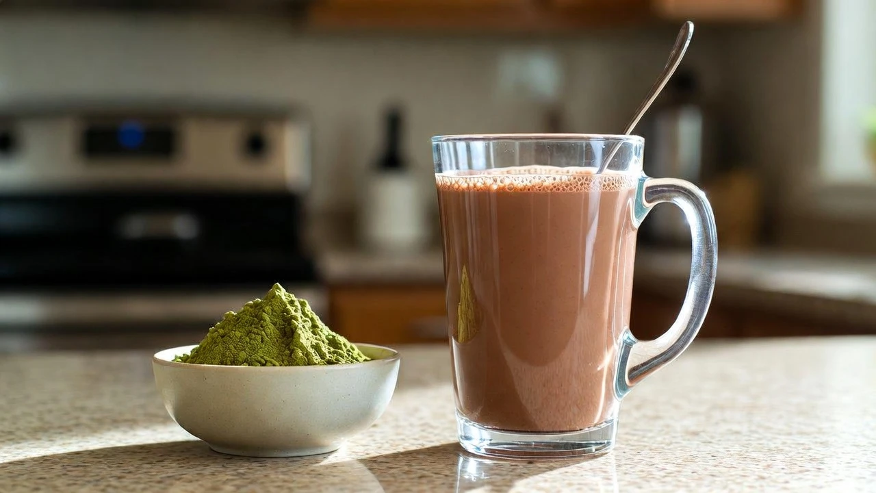 A small bowl of kratom powder beside a glass of chocolate milk and a spoon in the kitchen, highlighting kratom and chocolate milk