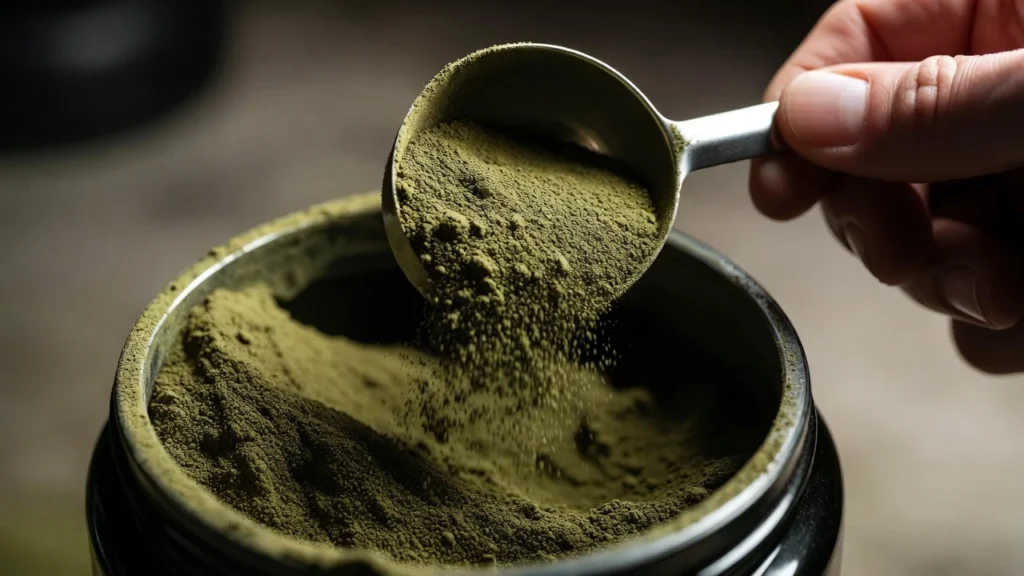 Hand using metal scoop to measure fine green kratom powder from open jar, pouring stream of powder back into container
