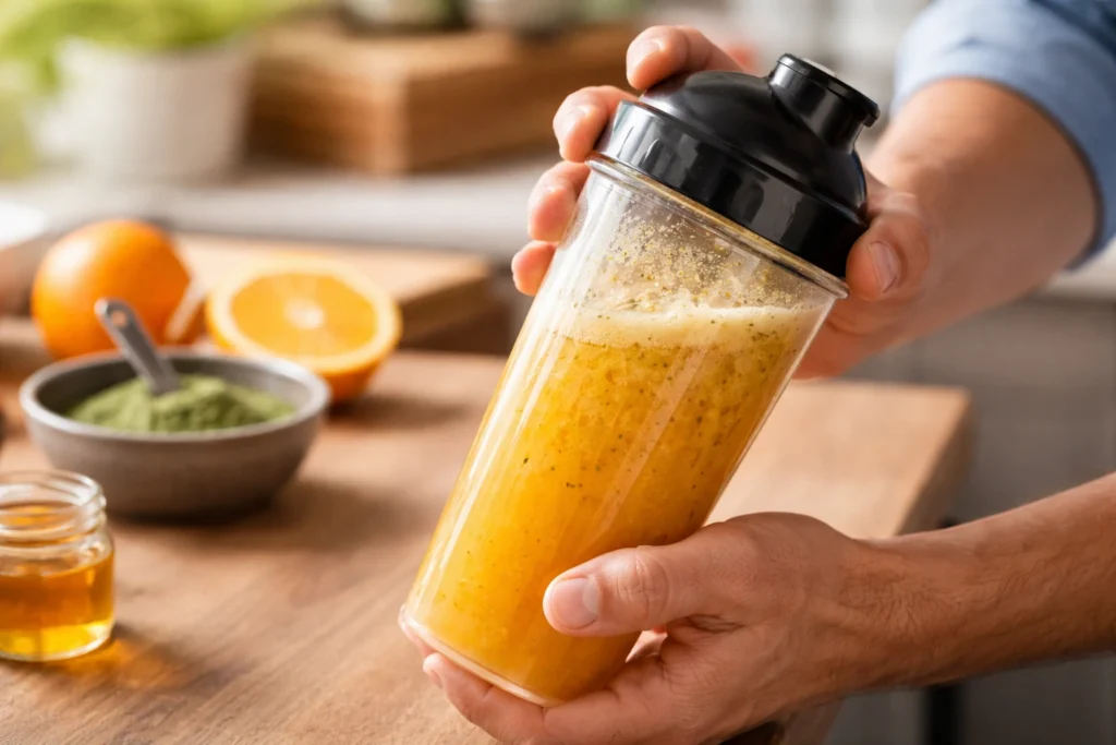 A hand holding a black blender bottle filled with frothy orange juice mixed with green kratom powder