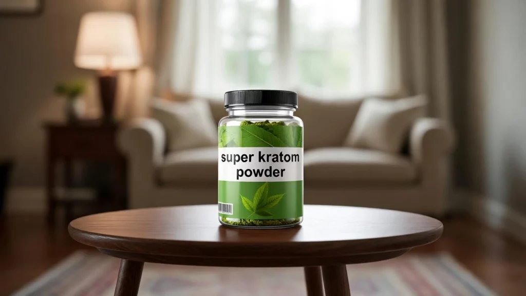 Clear glass jar of green super kratom powder on a warm wooden coffee table in a softly lit living room