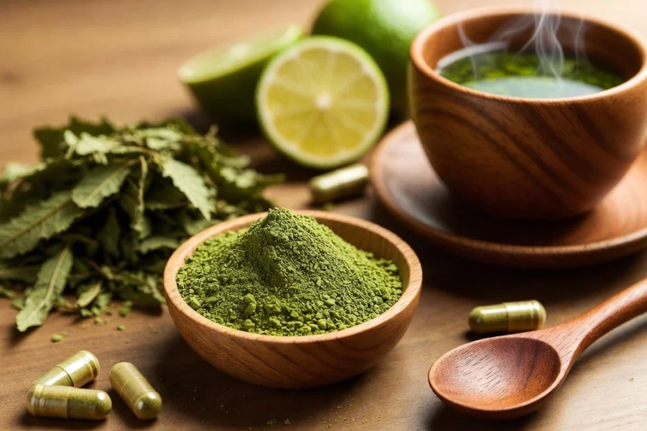 Different variety of kratom preparation methods on a table such as kratom powder, tea, capsules and leaves beside a halved lime and wooden spoon