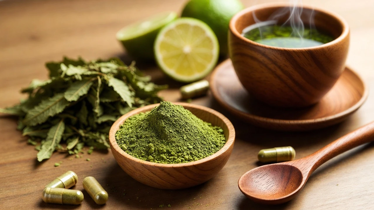 Different variety of kratom preparation methods on a table such as kratom powder, tea, capsules and leaves beside a halved lime and wooden spoon