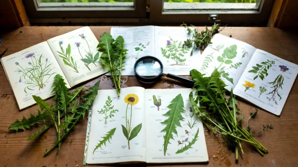 Various botanical field guides displaying colourful illustration with wild herbs and a magnifying glass on a wooden table