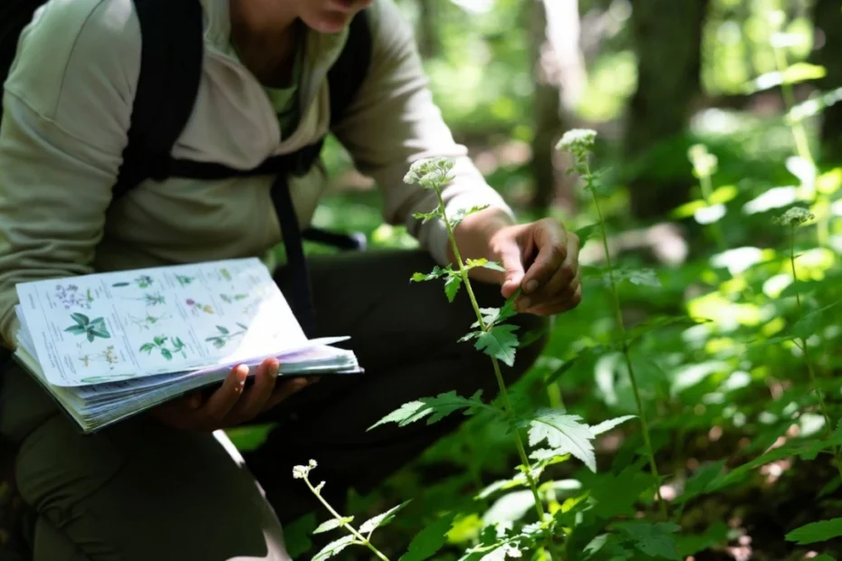 A woman with backpack crouching in forest trying to avoid misidentifying plant medicines while holding open field guide and gently touching the stem of a tall wild plant