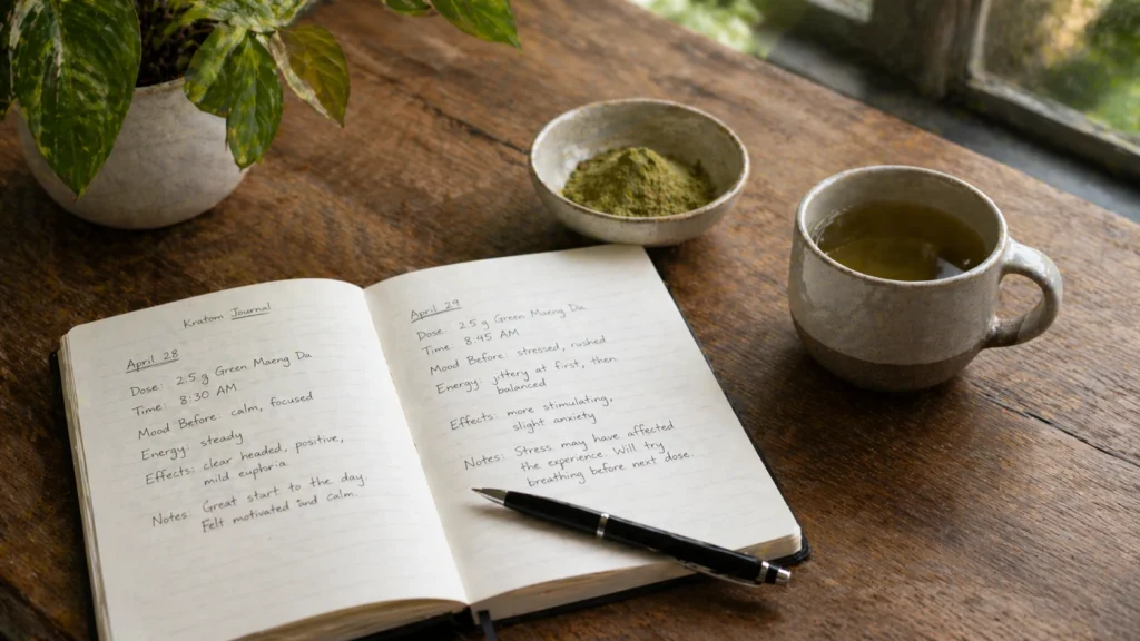 Open kratom journal on wooden table with handwritten notes, green Maeng Da powder in ceramic bowl, and cup of herbal tea