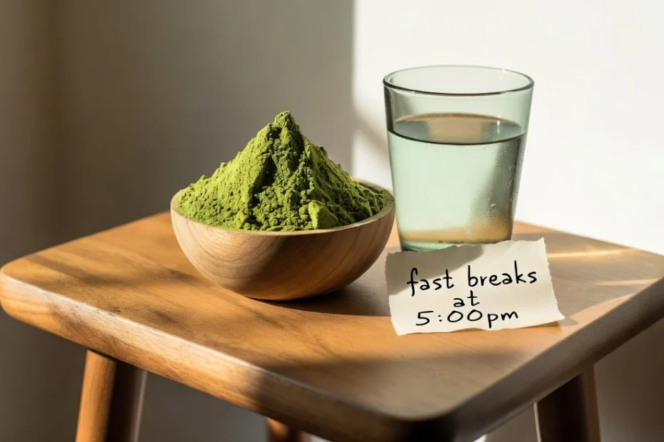 Wooden bowl of kratom powder next to a glass of water and a handwritten note on a wooden stool combining intermittent fasting and kratom