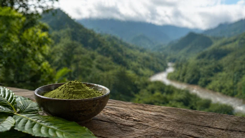 A bowl of green kratom powder on a wooden surface with fresh leaves in foreground and lush mountain river valley in background