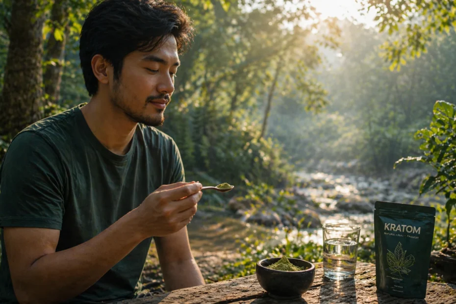 A relaxed man holding spoon of kratom powder while sitting outdoors, anticipating kratom's effects in a calm state