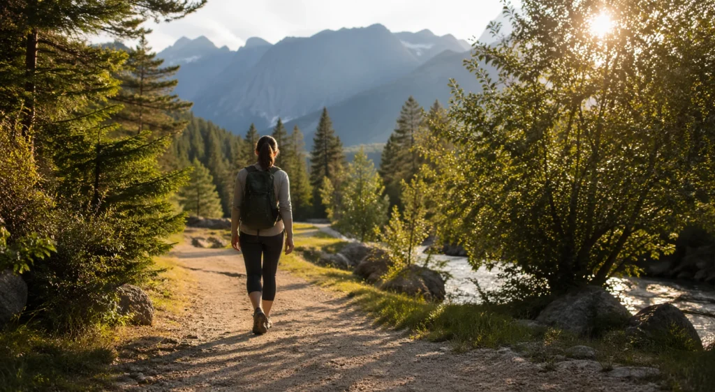 Woman with backpack walking away on a dirt trail through forest toward distant mountains and river at golden hour