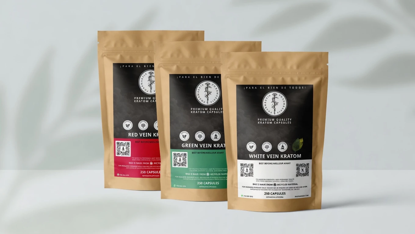 Pharmakeia premium kratom capsules in red vein, green vein, and white vein varieties inside brown resealable pouches