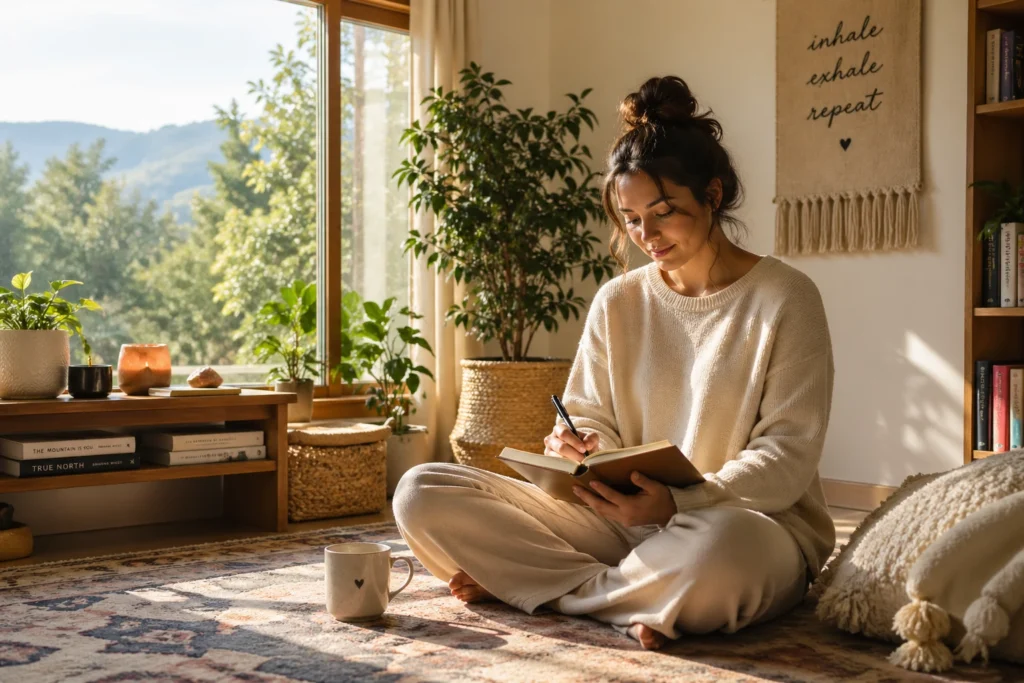 A woman with hair in bun sitting cross-legged on patterned rug writing in journal near large sunlit window with mountain view