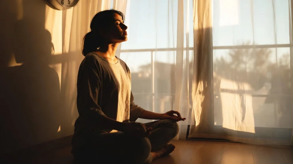 A woman sitting in lotus position meditating near large window with golden sunlight casting long shadows on the wall