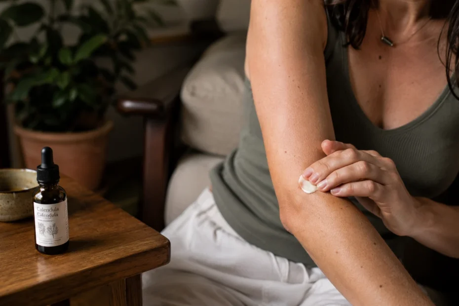 A women applying white calendula cream to forearm for plant medicine and skin health
