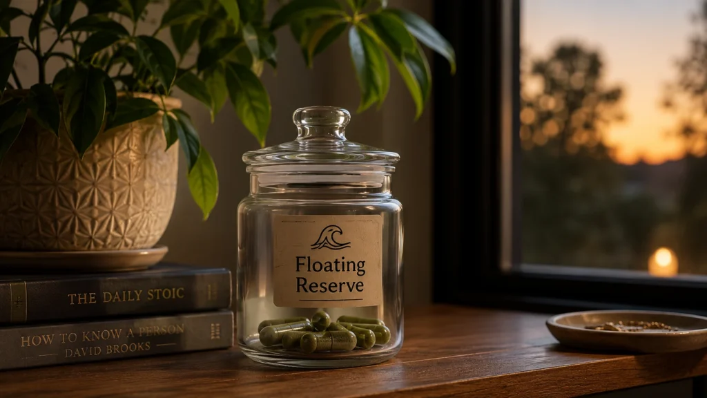 Floating reverse glass jar filled with kratom capsules on a wooden surface beside stacked books including with warm sunset light through the window