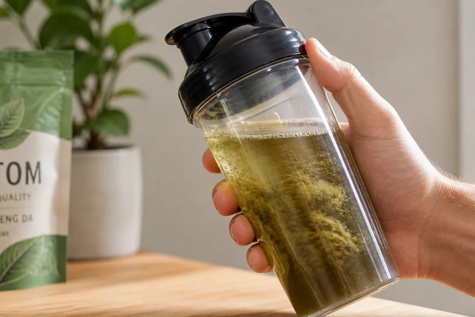 A person's hand shaking kratom and water in a shaker cup next to a green Maeng Da product pouch
