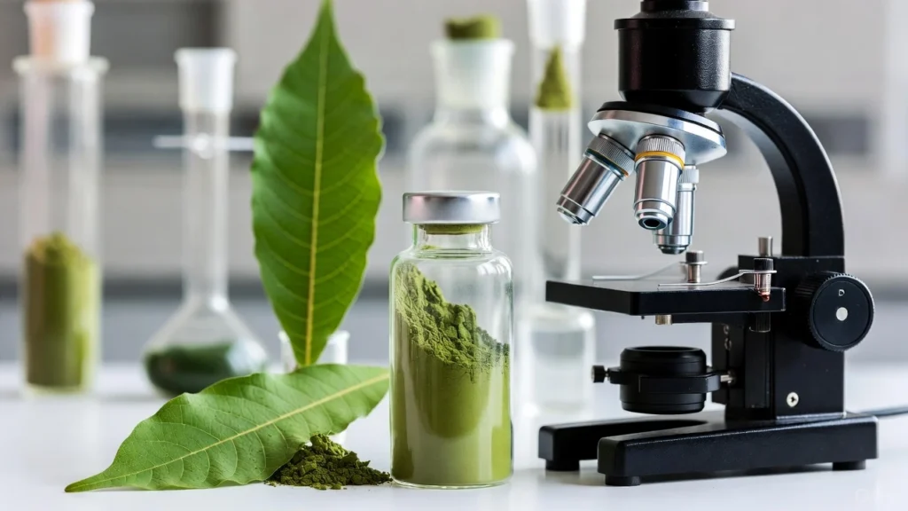 Kratom powder in glass jar beside microscope, large green kratom leaves, and lab glassware on white laboratory bench
