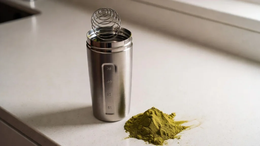 Stainless steel shaker bottle with measurement markings and wire whisk ball positioned next to a mound of kratom powder on a white countertop