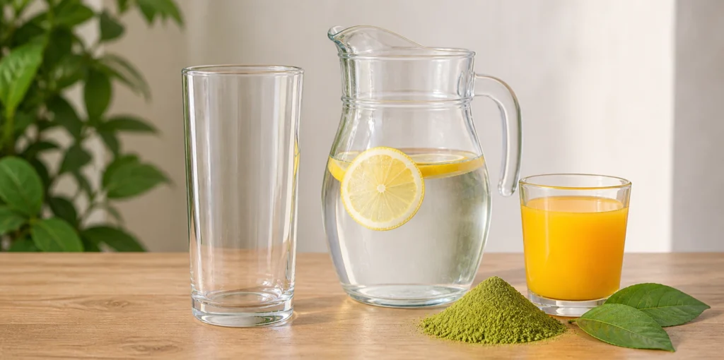 A tall empty glass, glass pitcher filled with lemon water, small glass of orange liquid, and mound of green kratom powder arranged on wooden table with fresh leaves