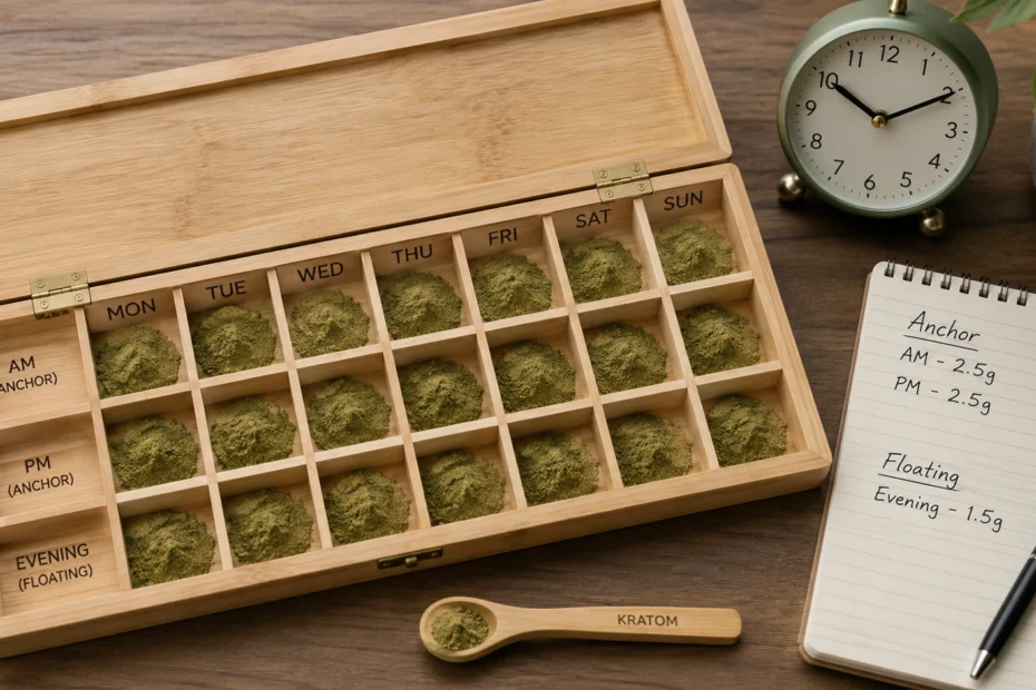 Wooden weekly kratom powder organizer showing anchor doses and floating doses in labeled compartments