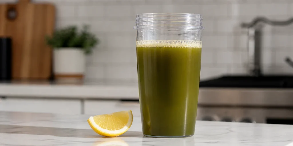 Kratom mixture in a plastic shaker bottle beside a fresh lemon wedge on a marble kitchen counter
