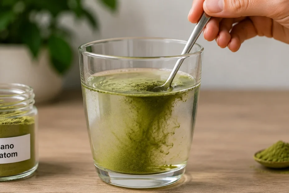 Green nano kratom powder dissolving in a clear glass of water, with an open labeled jar and wooden spoon of powder on a wooden surface
