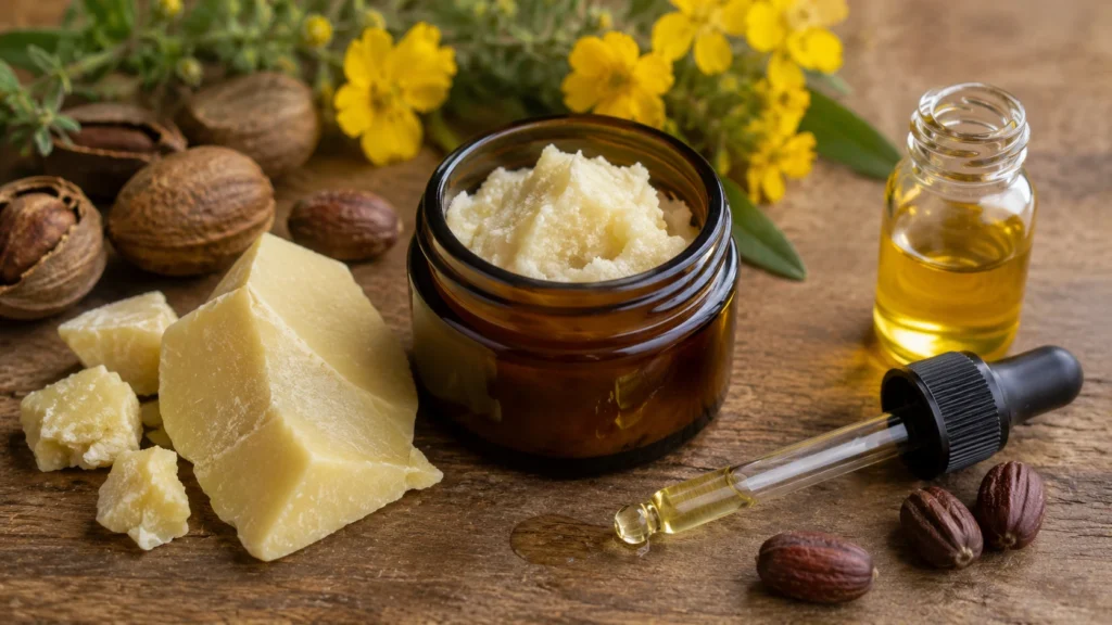 Creamy balm in an amber jar with solid shea butter chunks, assorted nuts, yellow wildflowers, and glass dropper bottle of golden oil