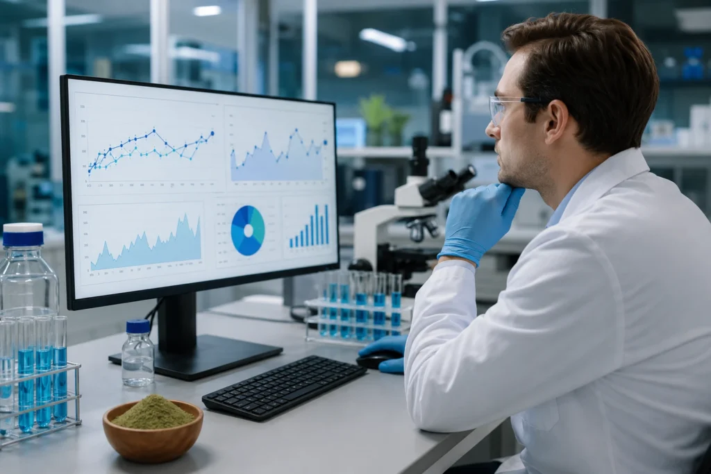 Male scientist reviewing multiple blood sugar graphs and data visualizations on a computer monitor in a modern laboratory