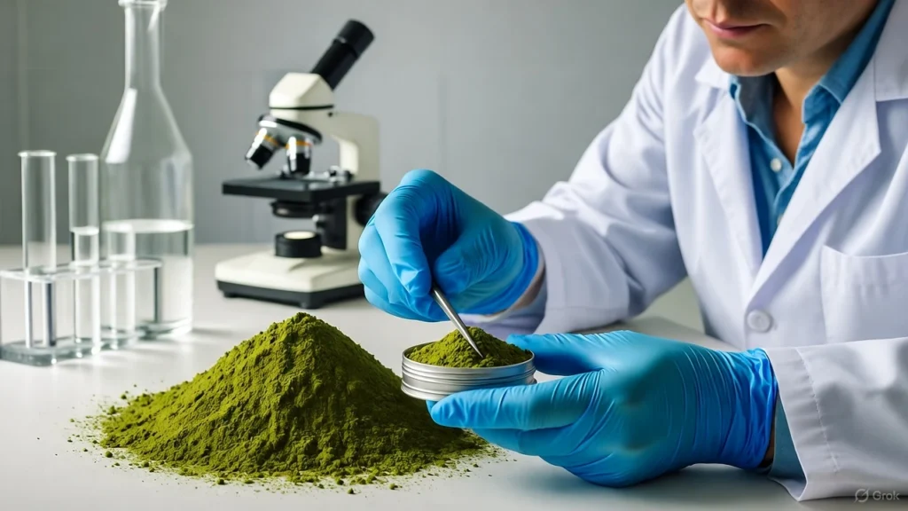 A scientist wearing lab coat and blue gloves holds a small metal tin of green kratom powder with a large pile of powder on the lab bench