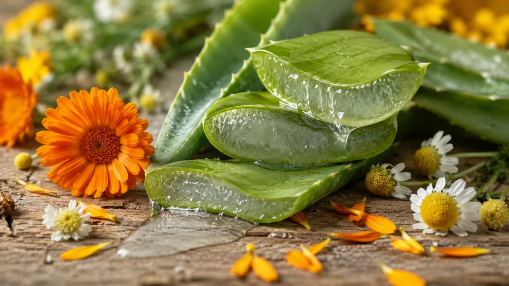 Sliced aloe vera leaves with glistening clear gel, fresh orange calendula flower, and chamomile blooms scattered on a wooden surface