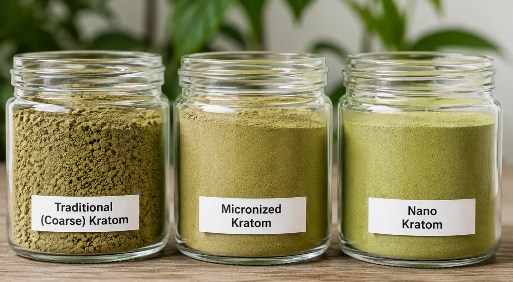 Three glass jars side by side showing traditional coarse kratom, micronized kratom, and nano kratom powders