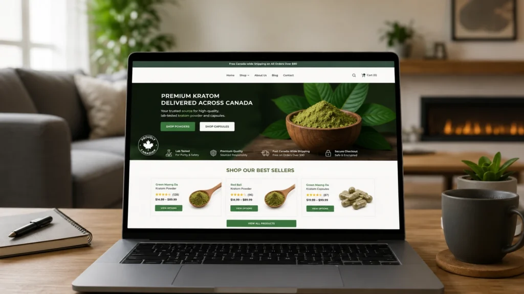 Laptop screen displaying a professional Canadian kratom vendor website with premium powder and capsule products