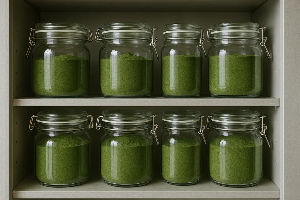Neat rows of airtight glass jars filled with green kratom powder arranged on light wooden cabinet shelves