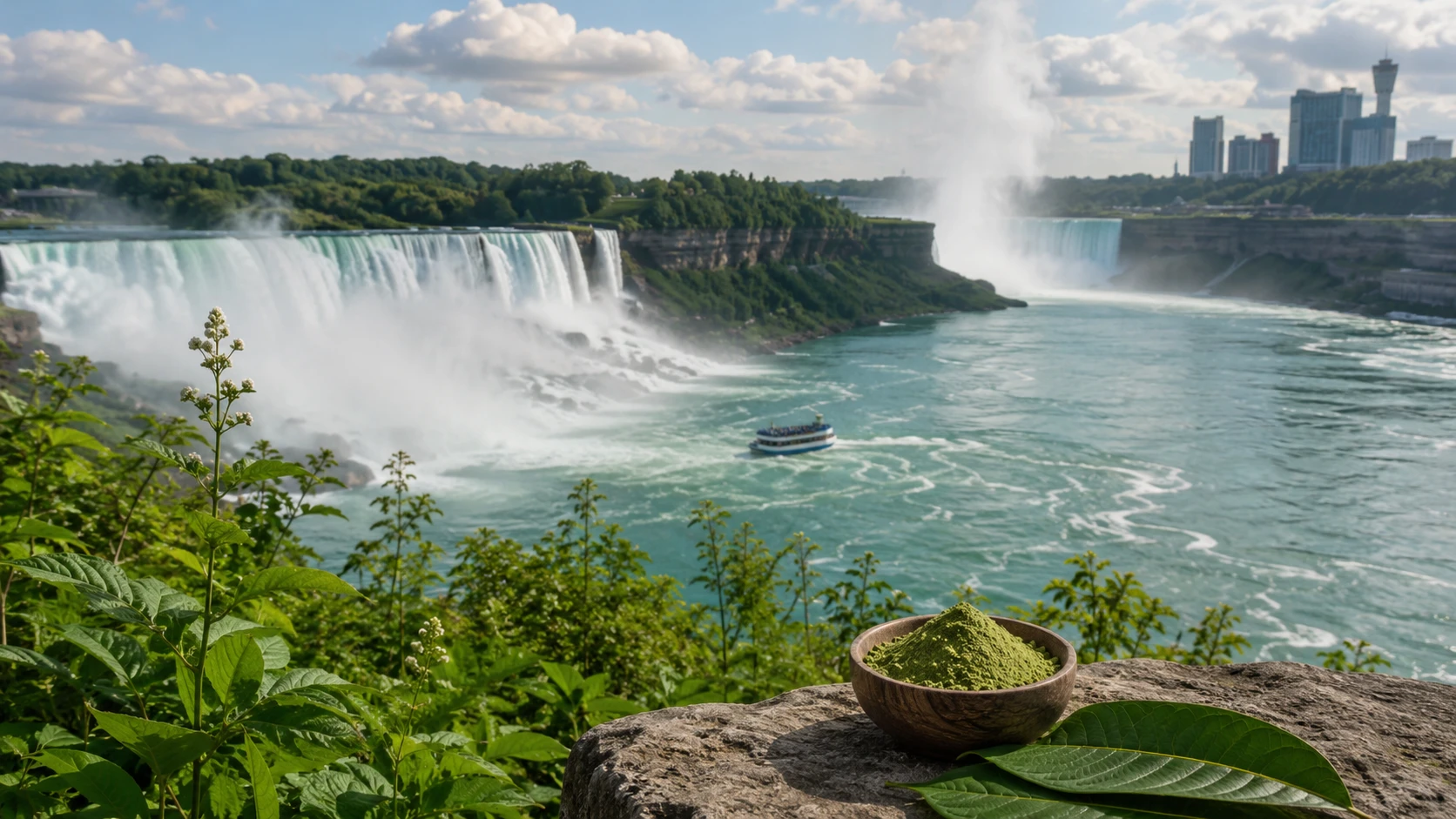 A bowl of kratom powder placed in the foreground overlooking a waterfall, highlighting kratom in Niagara Falls